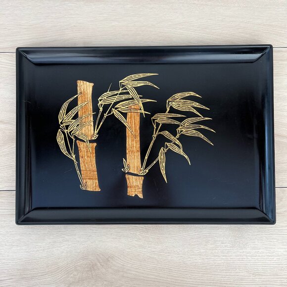 Vintage Couroc Monterey MCM Inlaid Brass Teak Wood Bamboo Rectangle Serving Tray - Picture 1 of 16